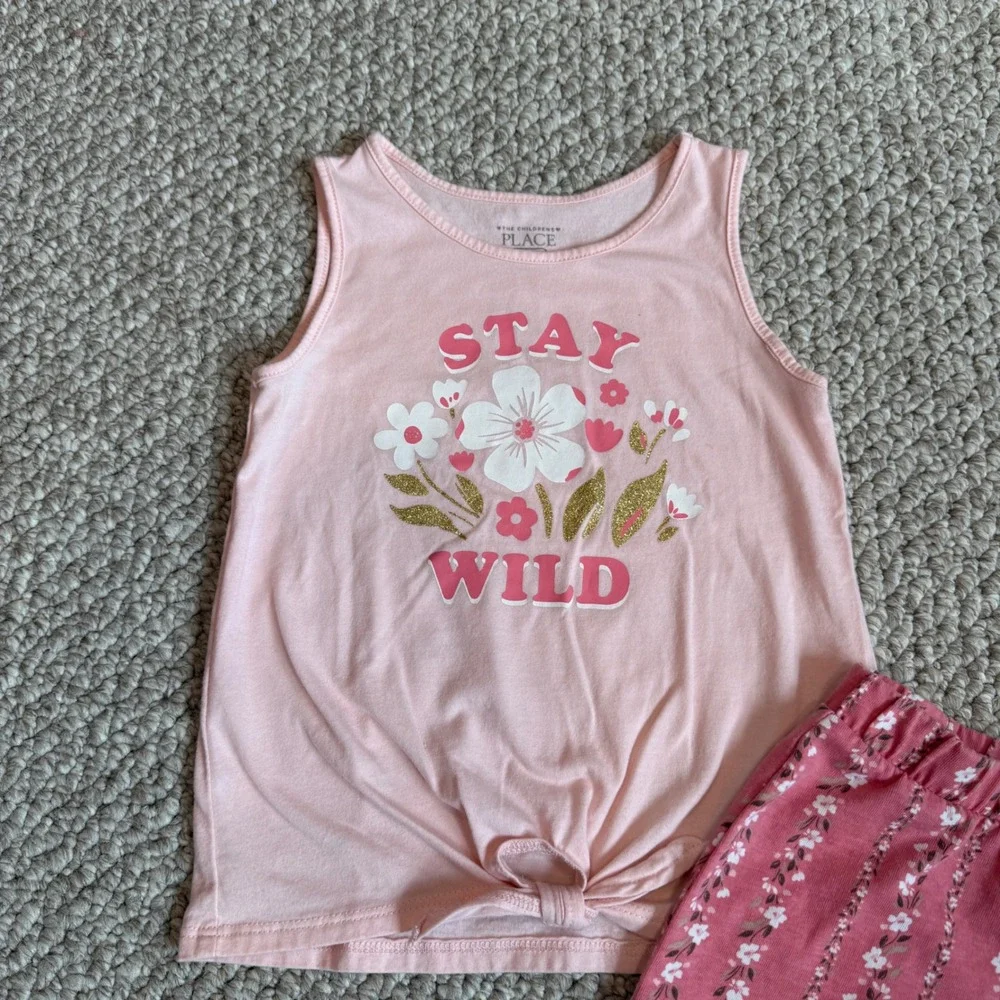 The Childrens Place Girls Pink Stay Wild Tank‎ Top and Floral Shorts Set Size 4T